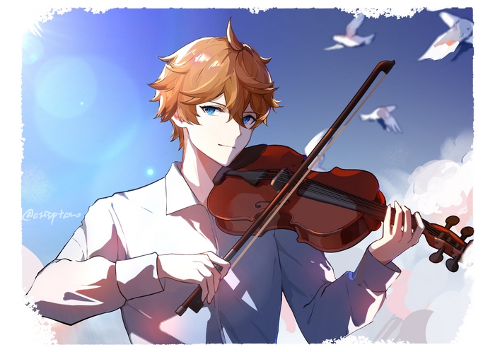 Tartaglia Childe playing violin under a bright sky