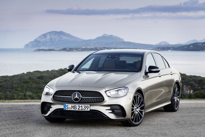 Mercedes-Benz E 450 4MATIC AMG Line sedan by the sea