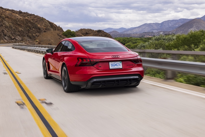 Red Audi RS e-tron GT Driving on Scenic Mountain Road