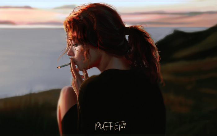 Redhead woman smoking, watching sunset over the sea