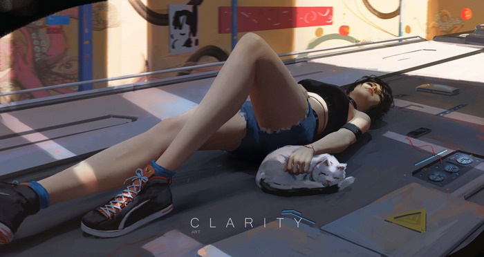 Sci-Fi Woman and Cat Resting, 4K