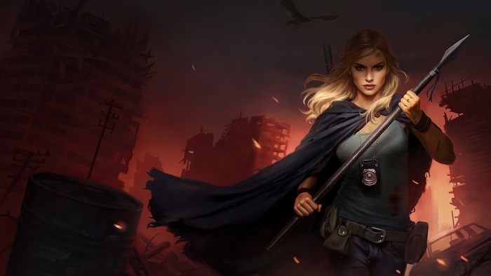 Post-Apocalyptic Sci-Fi Warrior Woman with Spear 4K