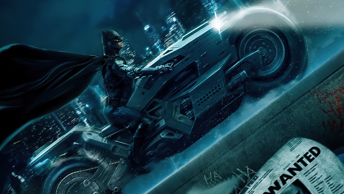 Batman on Batpod speeding through Gotham City