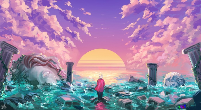 Fantasy Rabbit in Flooded Ruins at Retro Sunrise