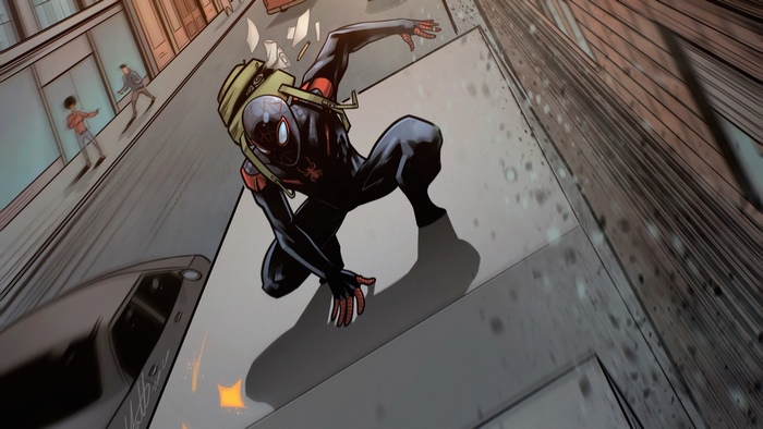 Miles Morales Spider-Man overlooking city street from above