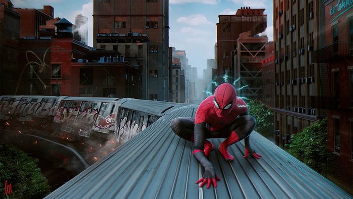 Spider-Man on a crashing city train