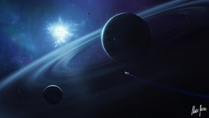 Sci Fi Ringed Planet and Spaceship in Deep Space 4K
