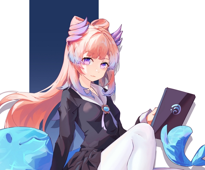 Sangonomiya Kokomi in school uniform holding tablet