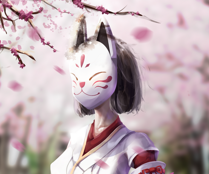 Kazari (Genshin Impact) with Kitsune Mask and Cherry Blossoms