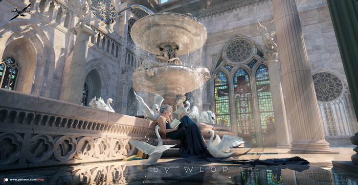 GhostBlade Princess Reading by Fountain with Swans