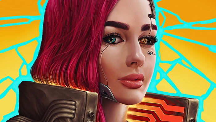 Pink-Haired Sci-Fi Cyborg Woman with Cybernetic Eyes