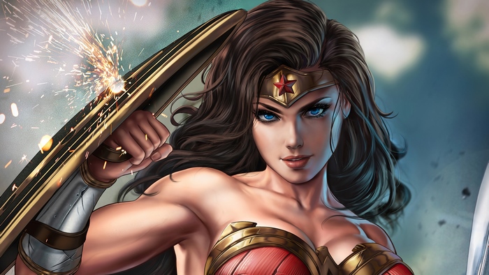 Wonder Woman Deflecting Attack with Shield Sparks