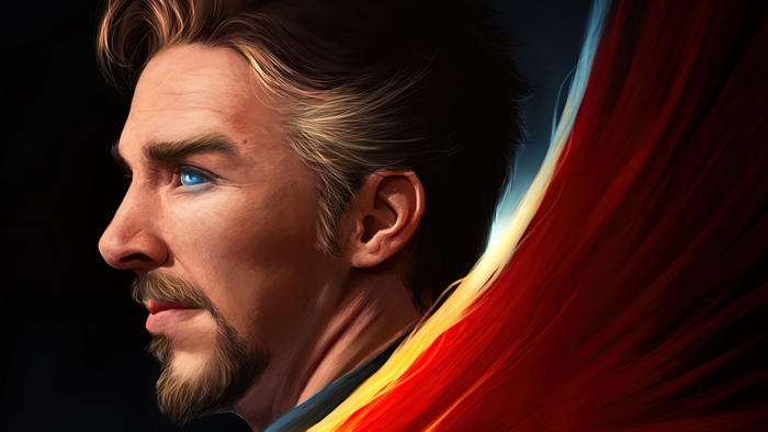 Doctor Strange profile with glowing eyes and cloak