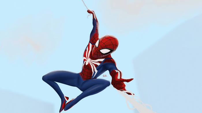 Spider-Man swinging through the sky