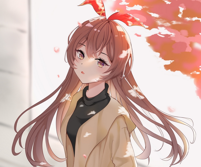 Amber (Genshin Impact) with pink petals and vibrant sky