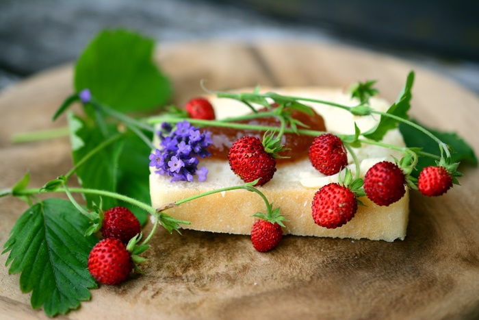 Wild Strawberries, Bread, Jam, and Lavender Still Life