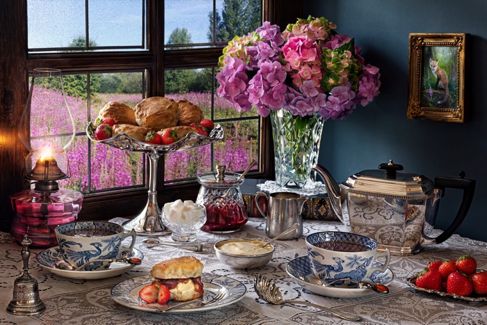 Cozy Afternoon Tea Still Life by Flowery Window 4K