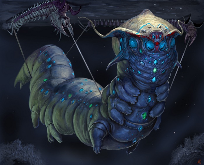 Giant Blue Alien Caterpillar with Glowing Spots