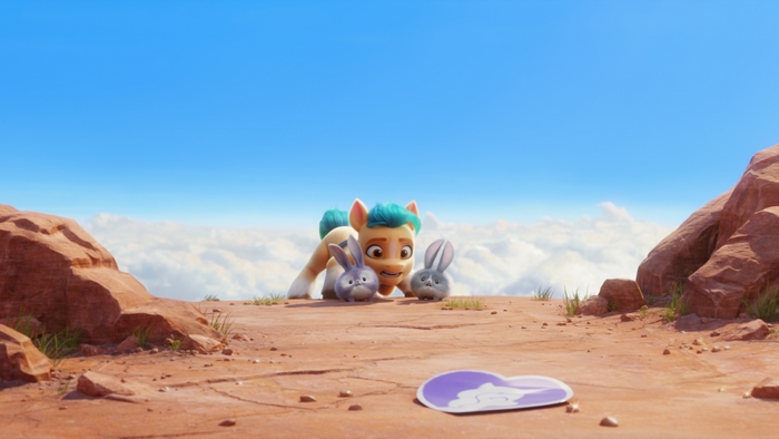My Little Pony: Hitch Trailblazer and bunnies on cliff