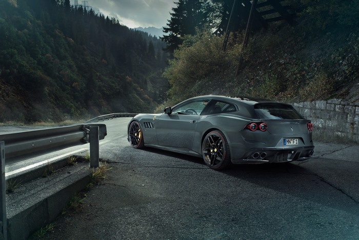 Grey Novitec Rosso Ferrari GTC4Lusso on winding mountain road