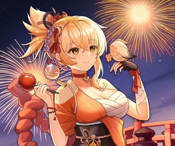 Yoimiya enjoying fireworks with a bird and candy apple