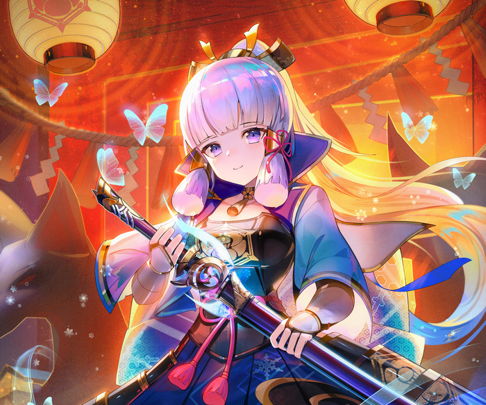 Kamisato Ayaka with glowing butterflies and sword