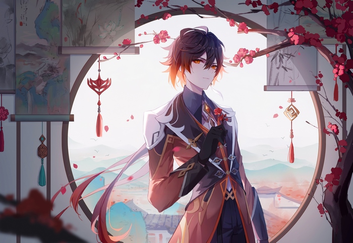 Zhongli (Genshin Impact) in a serene cherry blossom landscape