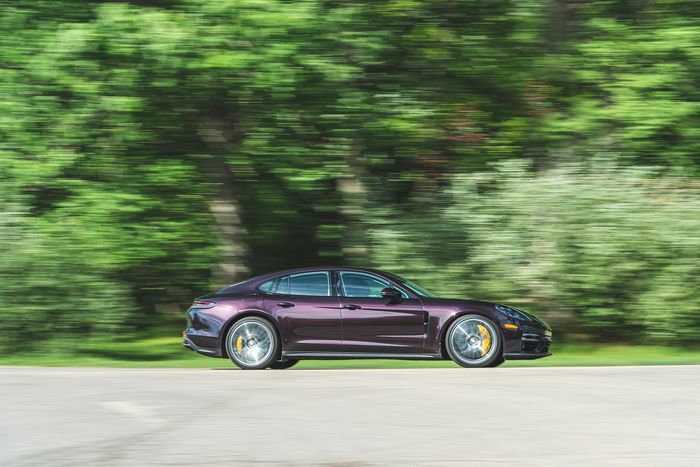 2021 Purple Porsche Panamera Turbo S in motion