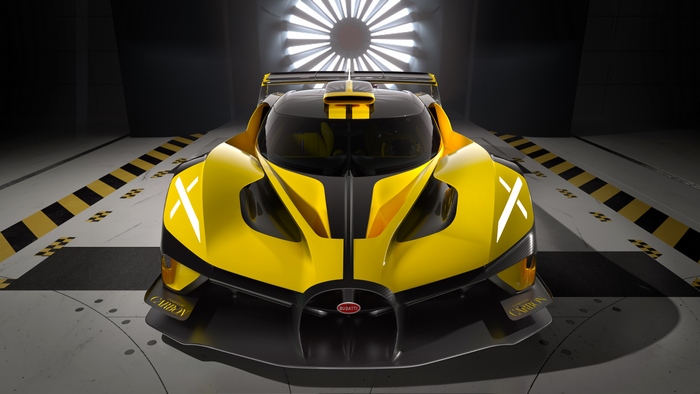 Yellow Bugatti Bolide Supercar in Wind Tunnel