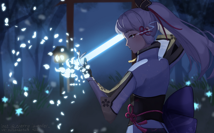 Kamisato Ayaka with glowing sword and falling petals