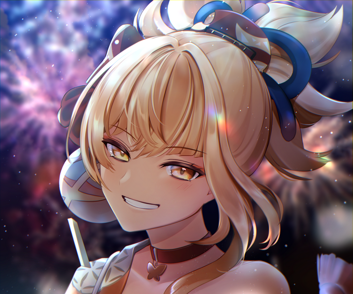 Yoimiya (Genshin Impact) with a confident smile and fireworks