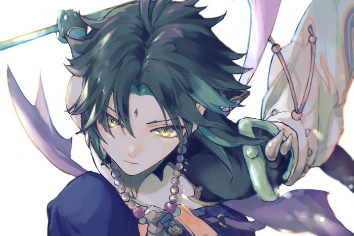Xiao (Genshin Impact) with piercing golden eyes