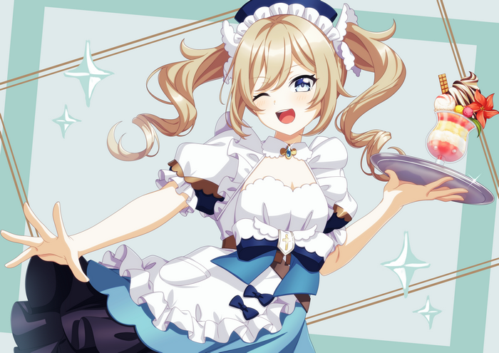 Barbara Genshin Impact maid winking with dessert