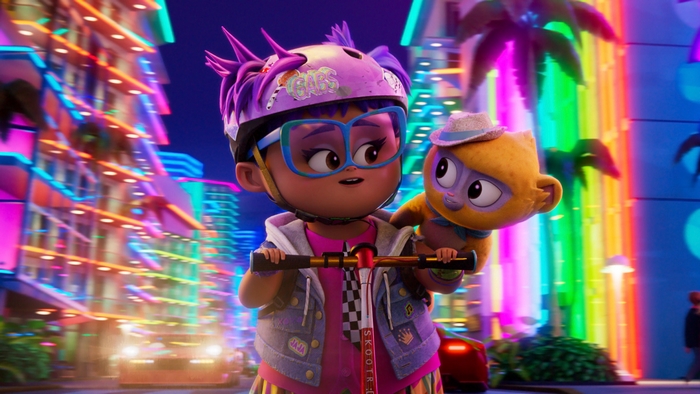 Gabi and Vivo riding scooter in neon city