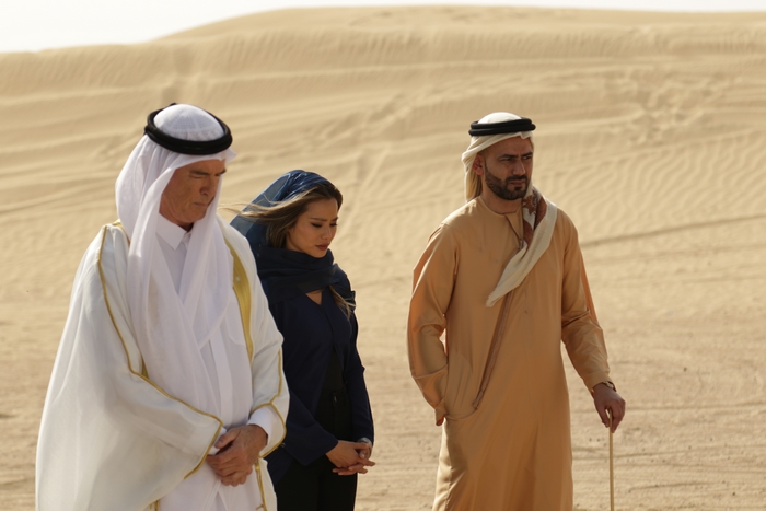 Pierce Brosnan and Jamie Chung in The Misfits desert scene