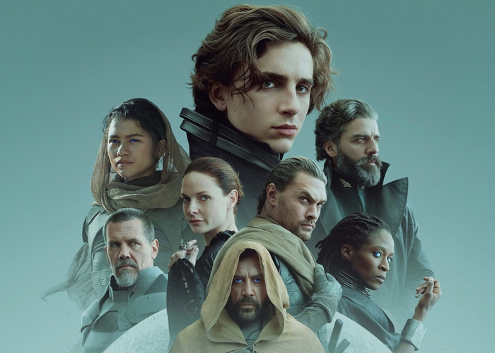 Dune (2021) film poster featuring Timothée Chalamet and cast