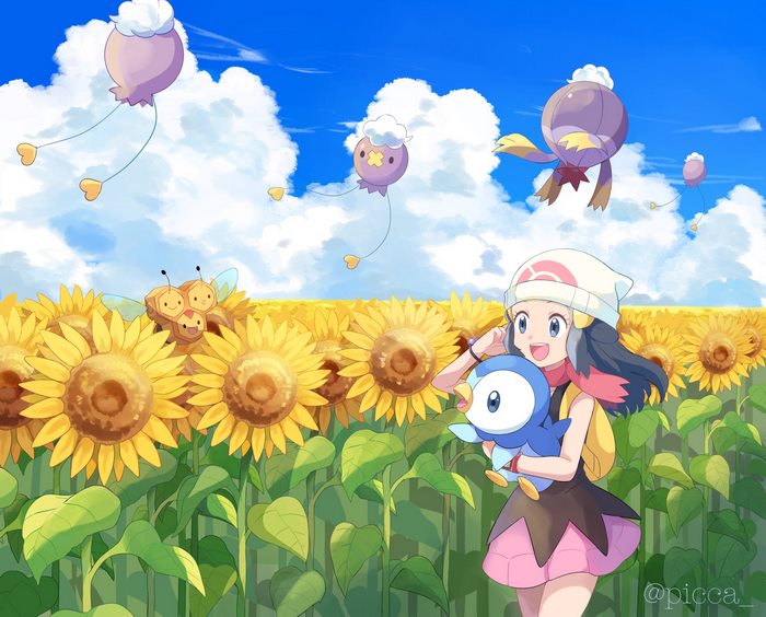 Dawn and Piplup in a Sunflower Field with Pokémon