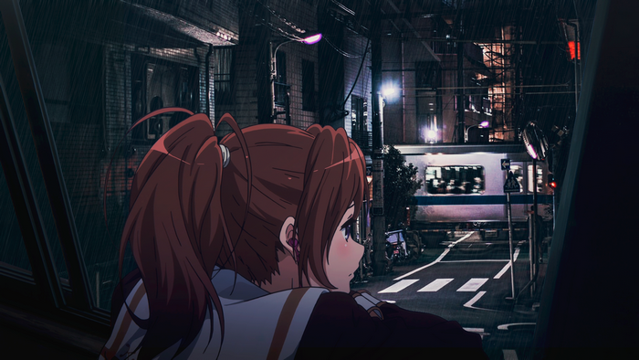 Nakagawa Natsuki watching train on rainy city night