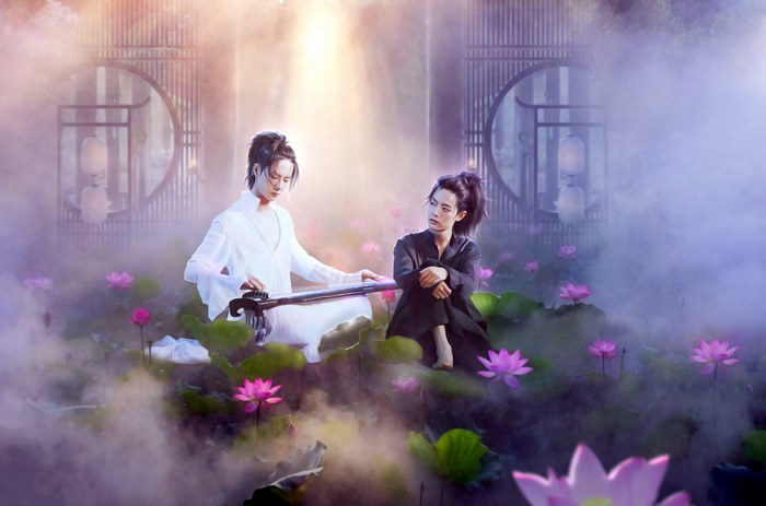 Lan Wangji and Wei Wuxian in a mystical lotus pond