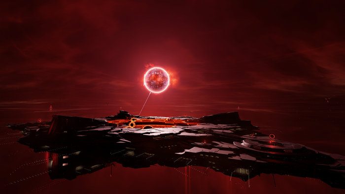 EVE Online 4K: Spaceship and Fiery Red Star