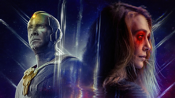 Wanda Maximoff and Vision with glowing eyes