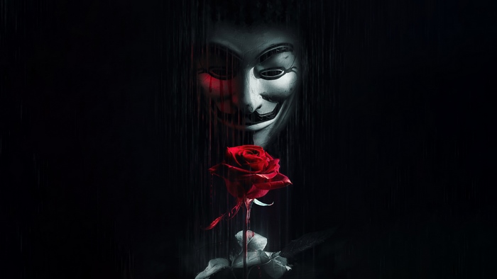Anonymous Mask and Red Rose in Dark 4K