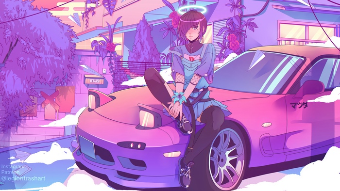 Synthwave girl with halo on pink Mazda RX-7