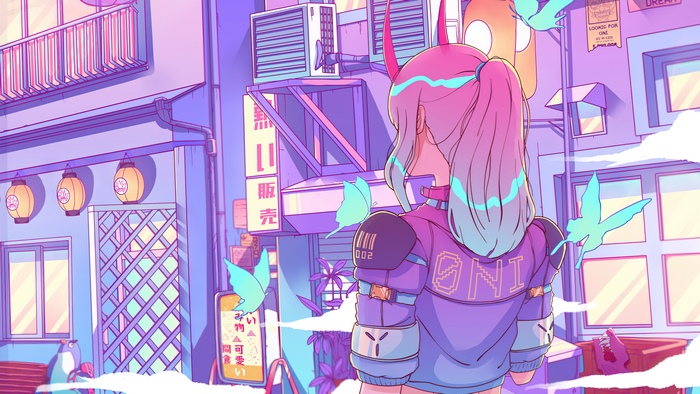 Oni Girl in Purple Synthwave Cityscape