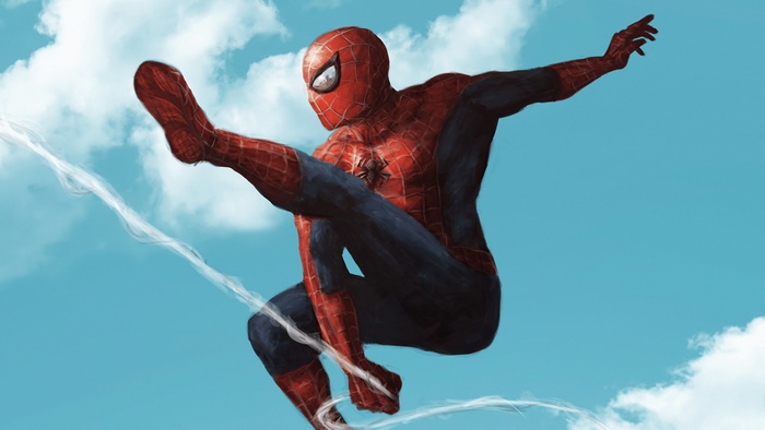 Dynamic Spider-Man web-slinging in the sky