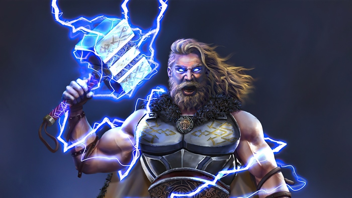 Thor wielding Mjölnir with lightning 4K