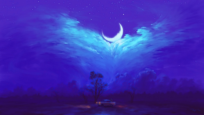 Artistic Blue Night with Crescent Moon and Car