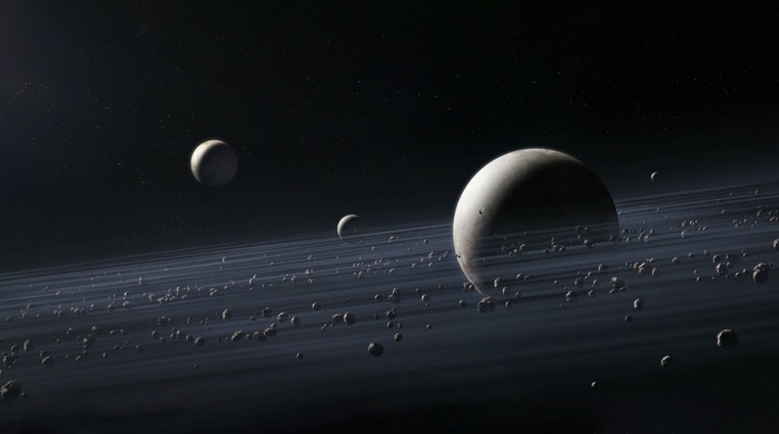 Sci Fi Ringed Planet and Moons in Space 4K