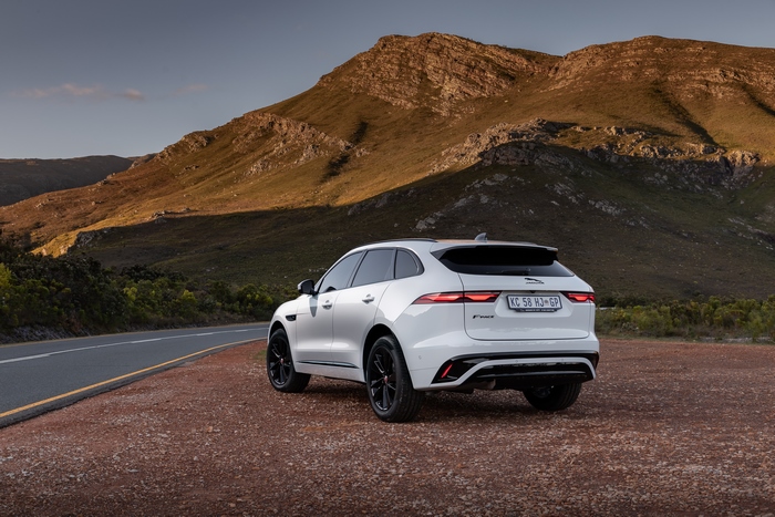 Jaguar F-Pace D300 R-Dynamic Black Pack SUV on mountain road