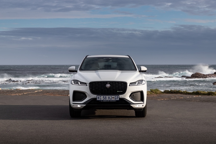 White Jaguar F-Pace R-Dynamic Black Pack SUV by the Ocean
